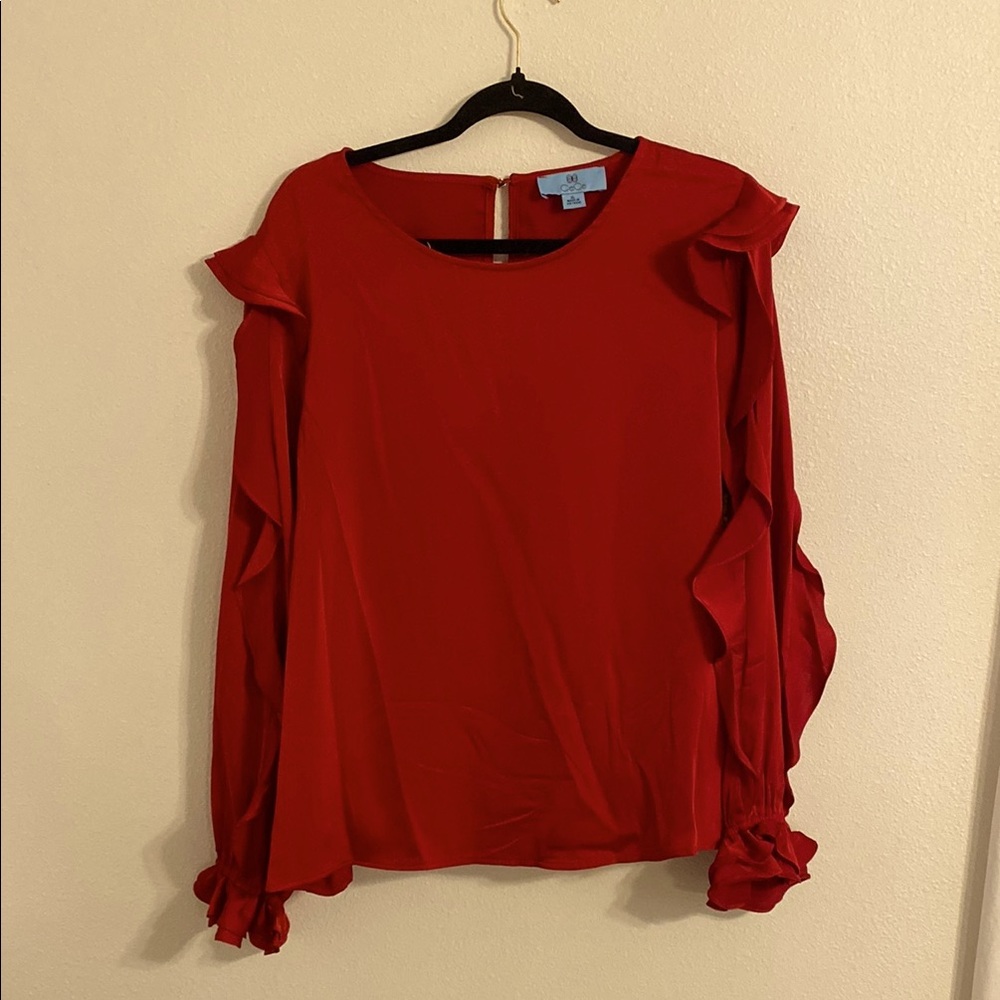 CeCe Red Ruffled Long Sleeve Blouse